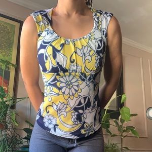 Yellow, white, and navy floral Ann Taylor tank top size extra small petite